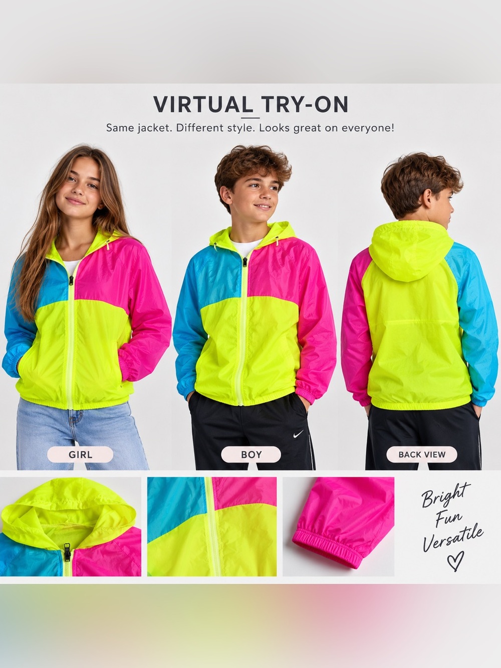 Neon Color Block Lightweight Hooded Jacket Kids Teen L Unlined Retro 80s